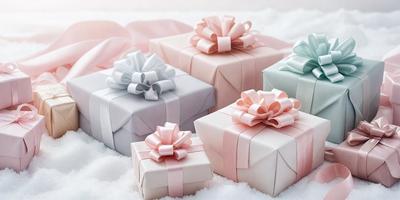 The primary subject of the image is a group of four wrapped presents, each with a pink bow. The presents are placed on a snowy surface, which adds a festive and wintry atmosphere to the scene. The visual style of the image is a photo, capturing the details and textures of the presents and the snow. The colors and mood of the image are predominantly pink and white, creating a warm and cozy ambiance.